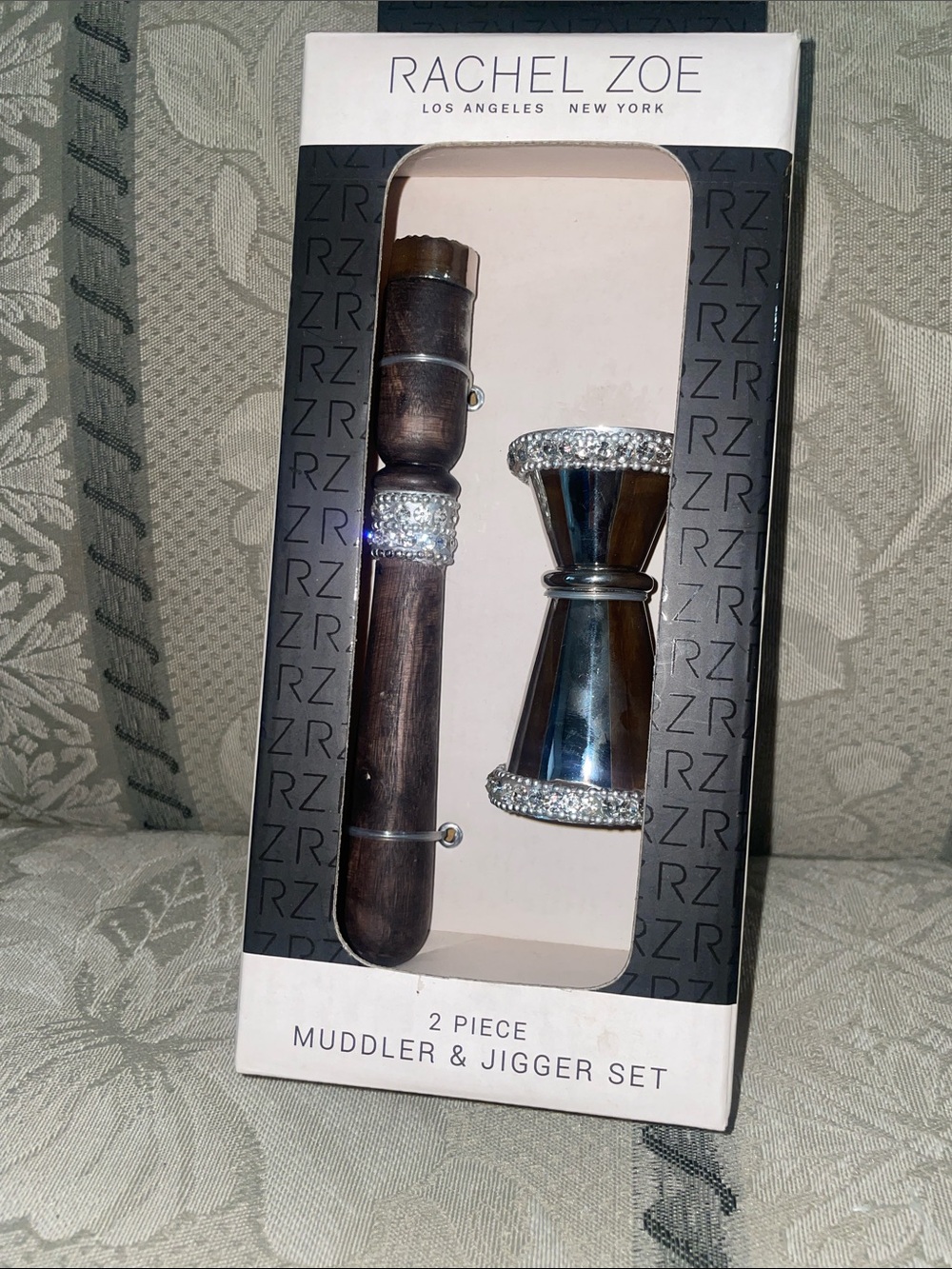 Rachel Zoe Brown Wood and Silver Rhinestone Muddler & Jigger Set